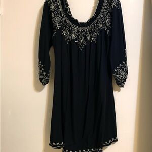 Lucky Brand Black Shift Tunic Dress with White Embroidery Large/XL